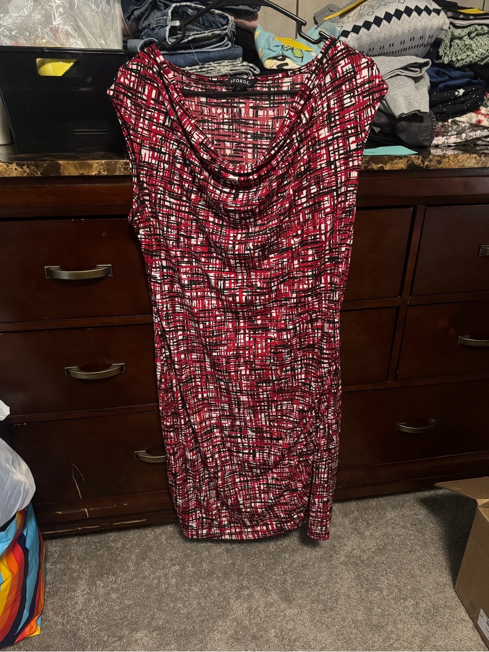 George Red and Black Patterned Cowl Neck Midi Dress